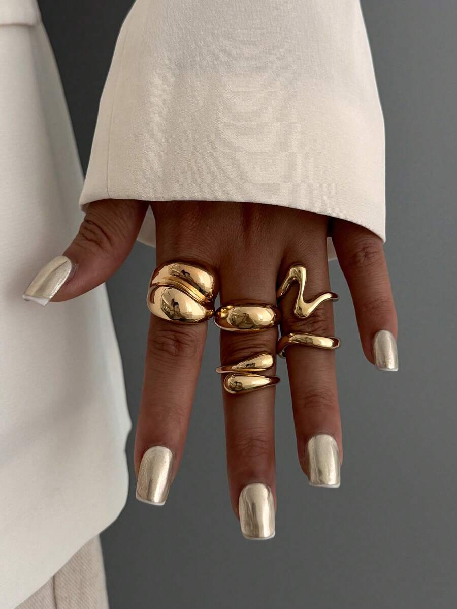 4pcs/Set Fashionable Asymmetric Water Drop Design Gold Rings, Vintage Minimalist Punk Style Unique Thick Metallic Jewelry, Suitable For Women's Everyday And Party Wear, Casual Outfit Matching, Holiday Gifts