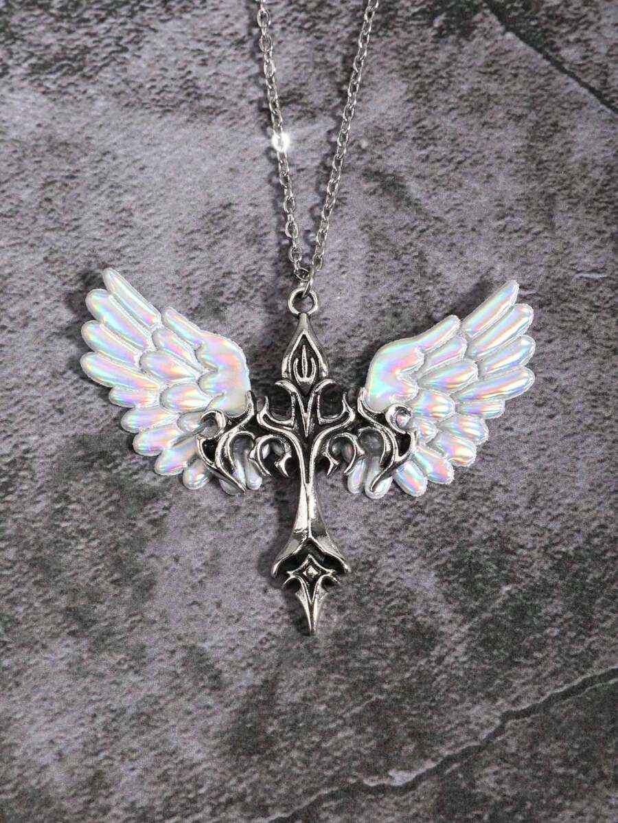 Retro Gothic Y2K Style Angel Wing & Flame Cross Pendant Necklace, Fashionable And Versatile Jewelry, Valentine's Day Gift