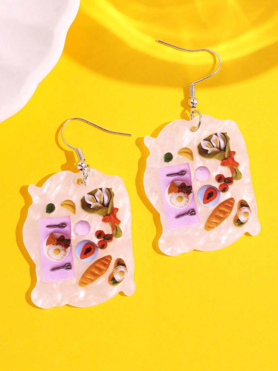 1 Pair Fashionable Cute Creative White Pearly Acrylic Bread/Breakfast Food Design Earrings, Versatile For Daily Wear, Holidays & Parties