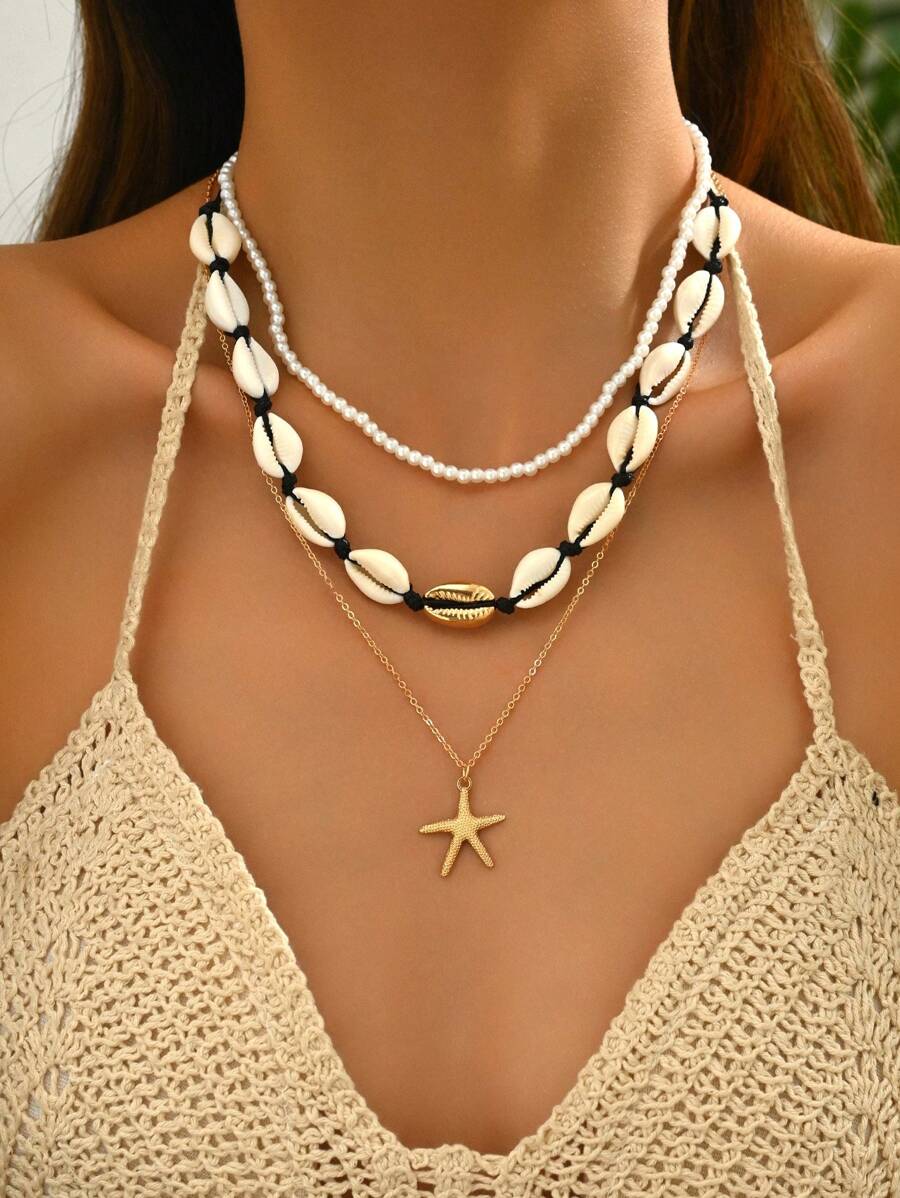 3pcs/Set Boho Ocean Wave Mermaid Shell, Turquoise Starfish Beaded Necklace Suit, Suitable For Women Daily And Beach Outfit