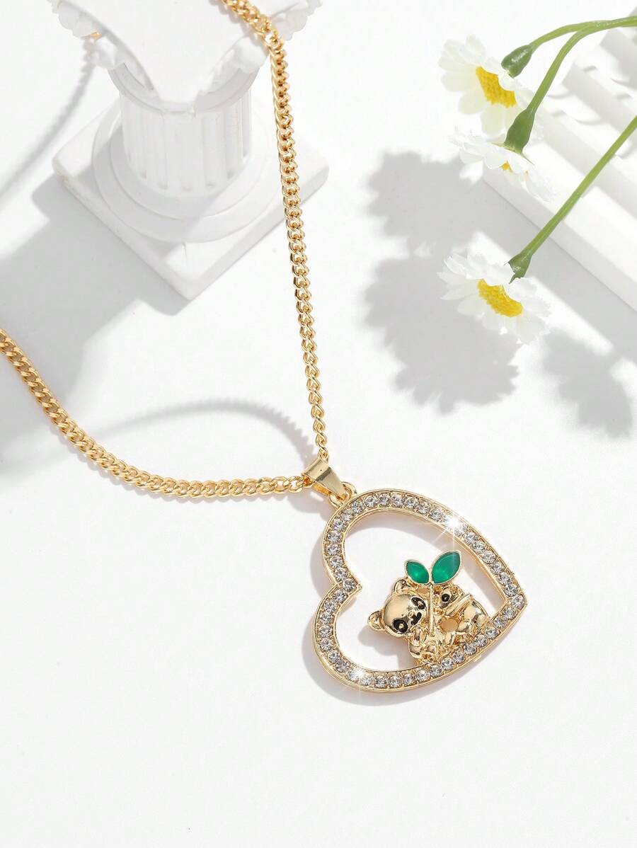 1pc Fashion Lovely Heart Shape Panda Pendant Necklace With Rhinestones, Suitable For Women Daily Wear And Gift