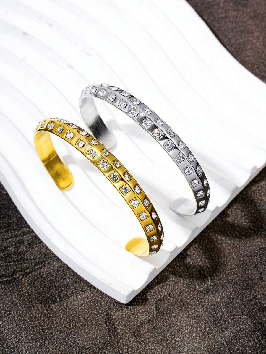 1pc Double Row Crystal C-Shape Open Bangle Bracelet, 18K Gold Stainless Steel Plating, Fashion Jewelry Suitable For Women's Daily Wear