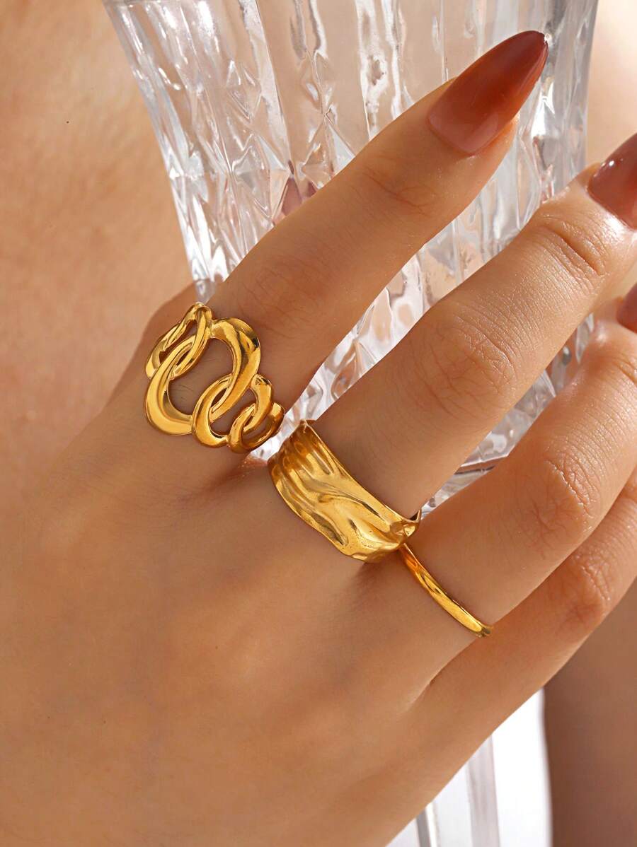 3pcs Stainless Steel Plated Gold Geometric Cross & Ellipse Openwork Rings, Stylish For Women Everyday Wear & Outdoor