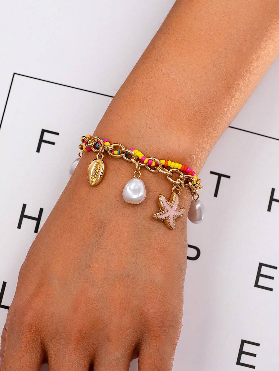 1 pulseira com pingente de pérola, estrela do mar e concha, elegante, cor dopamina, fresca, simples e versátil