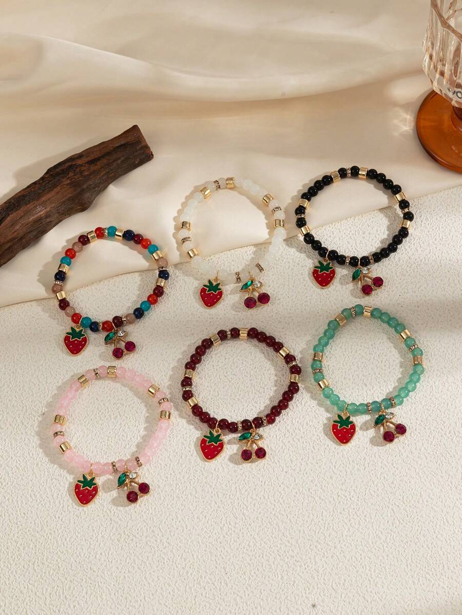 Pulseira feminina de contas de cristal e frutas delicadas, estilo boêmio, 1 peça, colorida e versátil