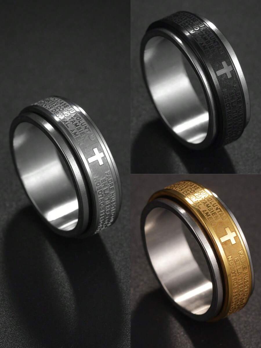 1 Pc Anti-Stress Rotating Jesus Cross Men's Finger Ring Anxiety Relief Spinning Metal Spinner Fidget Ring Jewelry
