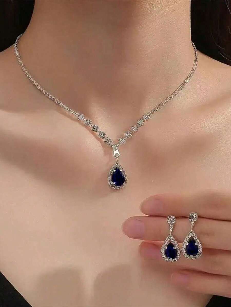 2 Pcs Set Blue Crystal Stone Denpent Necklace Bracelet With Dazzling Cubic Zirconia Romantic Daily Wear Jewelry Girl Gift