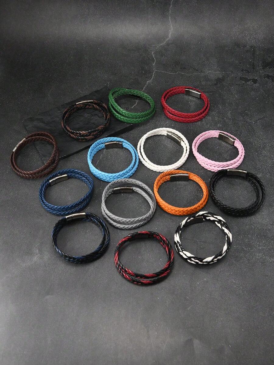 Pulseira de couro trançado multicamadas, acessório minimalista e personalizado com fecho magnético para casais, adequada para uso diário e presente