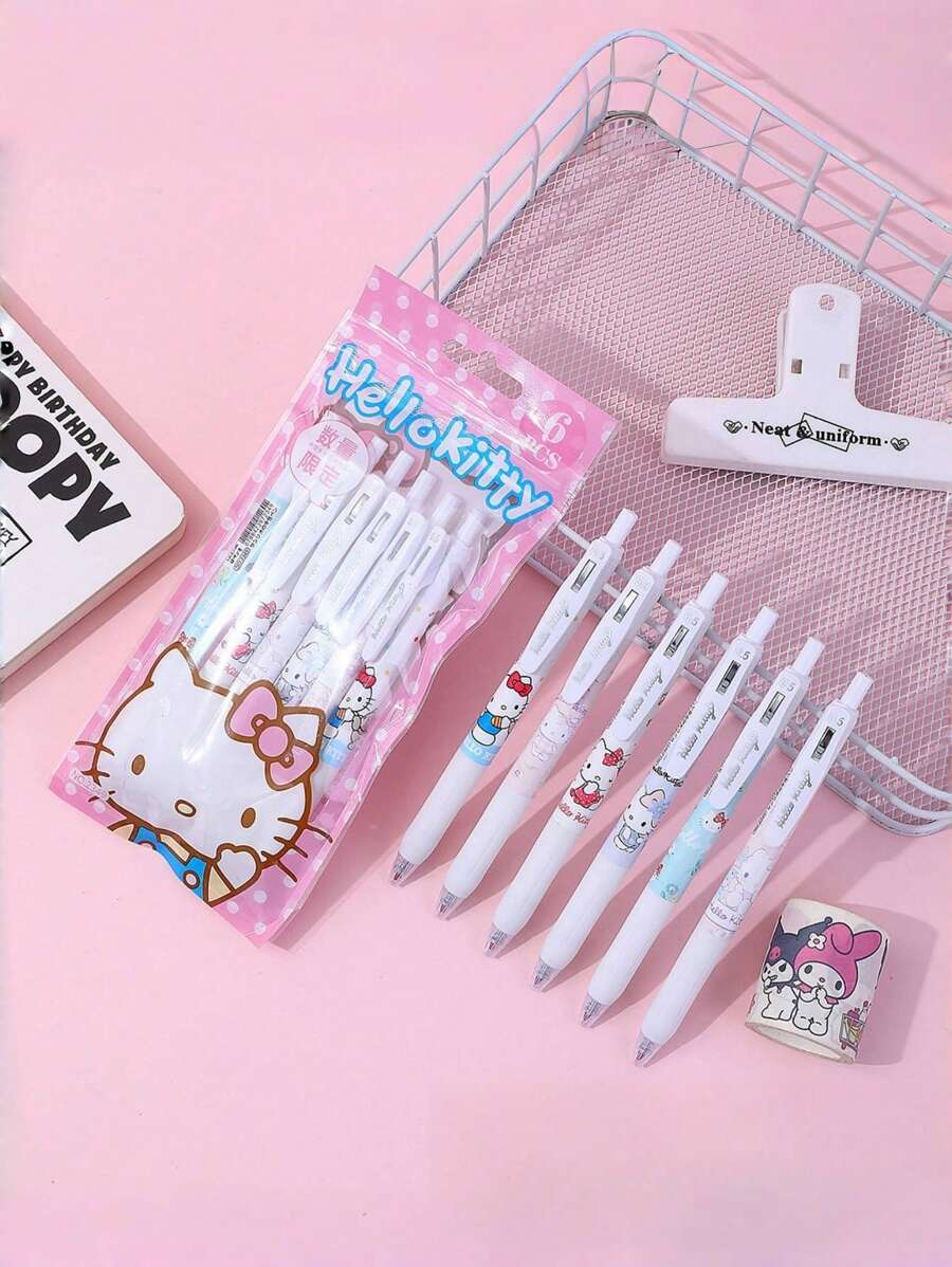 Set de 6 bolígrafos de agarre suave con motivos de dibujos animados, como Hello Kitty, Kuromi, Cinnamoroll y Pochacco, en color negro, adecuados para uso diario, decoraciones de fiesta, regalos de fiesta, regalos navideños y regalos de vuelta al colegio.
