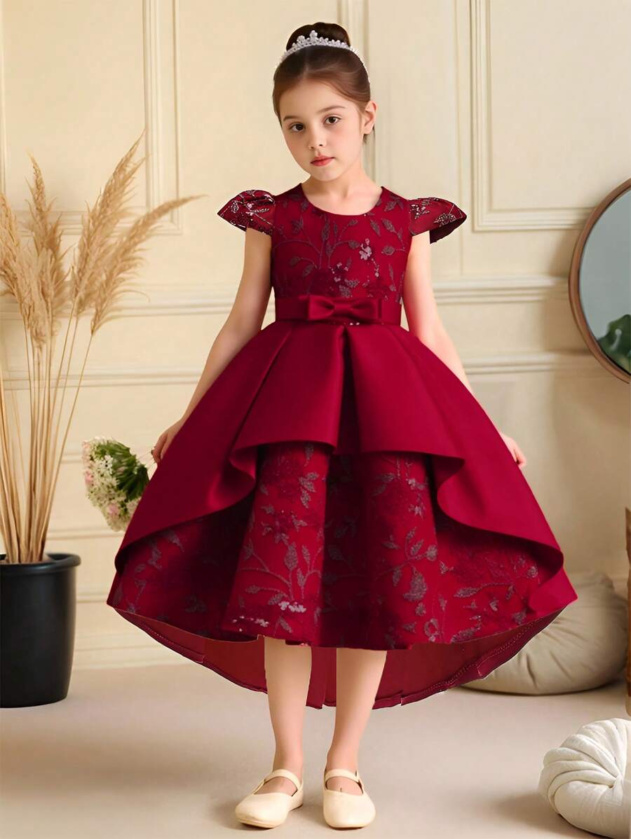 Young Girls' Solid Satin Floral Embroidered Decorative Luxurious Flower Girl Dress, Headpiece Not Included