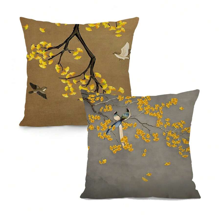 2 pièces Housse de coussin avec motif fleur de Ginkgo et oiseau, style antique chinois, décoration de pièce, coussin de canapé, décoration de coussin, décoration douce pour salon et chambre à coucher