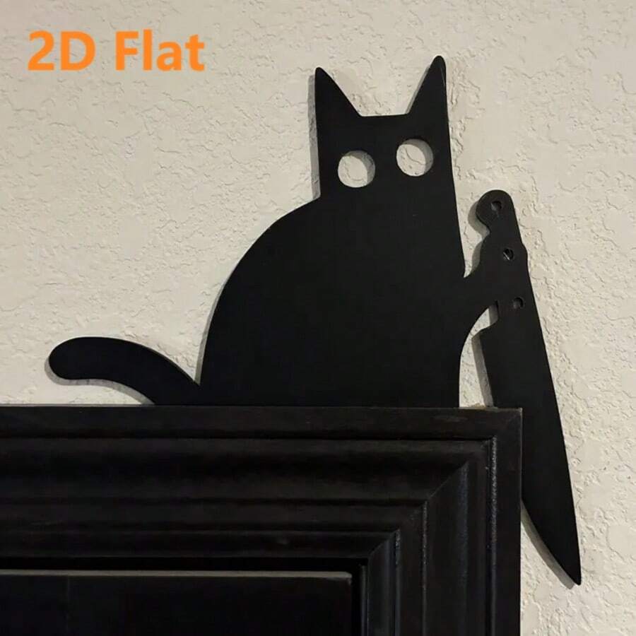 Decorazione da parete in stile classico a forma di gatto nero - silhouette retrò 2D con coltello, decorazione plastica Ognissanti e per tutto l'anno per soggiorno, camera da letto, sopra la porta - senza bisogno di elettricità, facile da appendere, elemento d'arredo camera da letto, design stravagante, decorazione, decorazione a coltello, per interior designer, piatto 2D