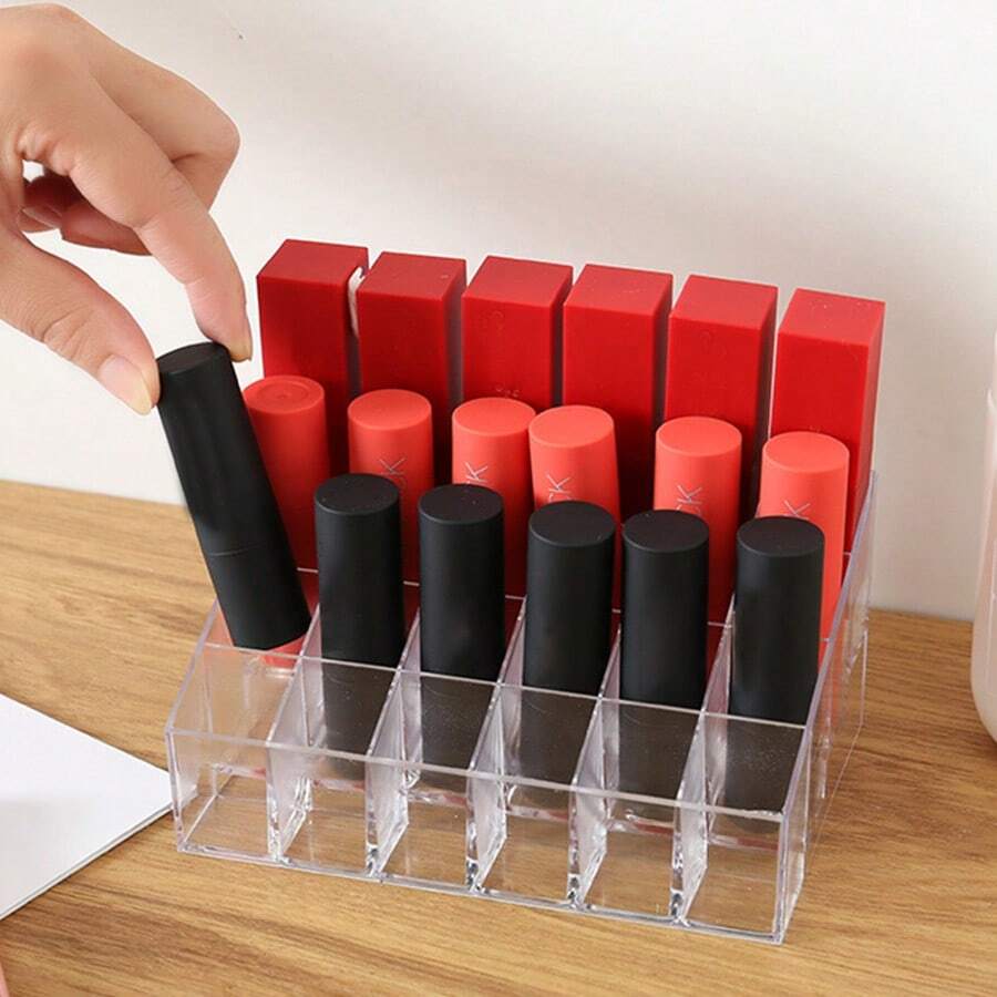 24-Compartment Transparent Lipstick Storage Box, 24-Compartment Transparent Plastic Lipstick Storage Box, Countertop Cosmetics Storage, Lightweight Acrylic Cosmetics Storage Box Back To School Bathroom Accessories