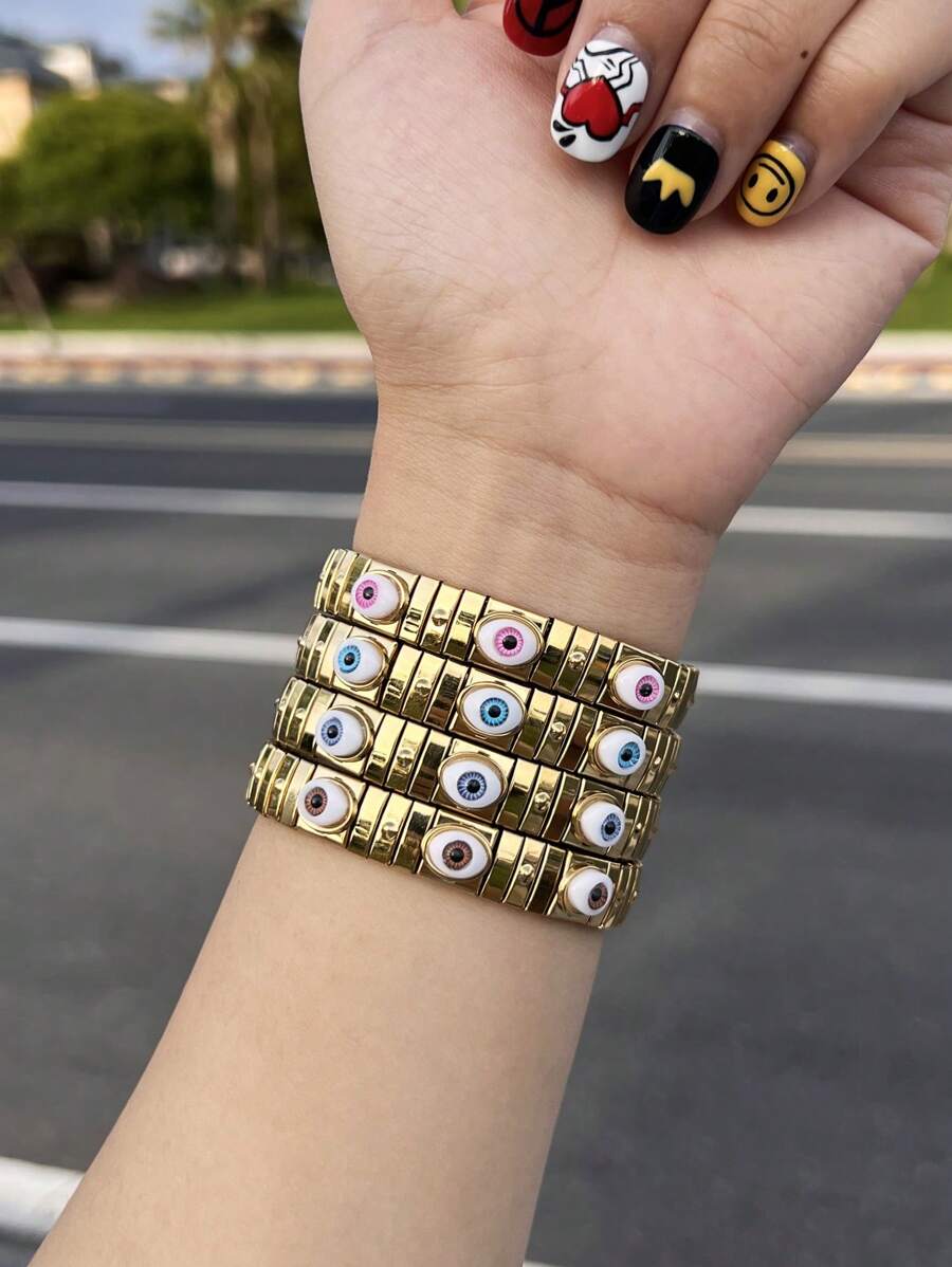 1 pieza Brazalete minimalista de moda y colorido de acero inoxidable con motivo de ojo, de talla ajustable adecuado para hombres y mujeres, para uso casual y fiesta