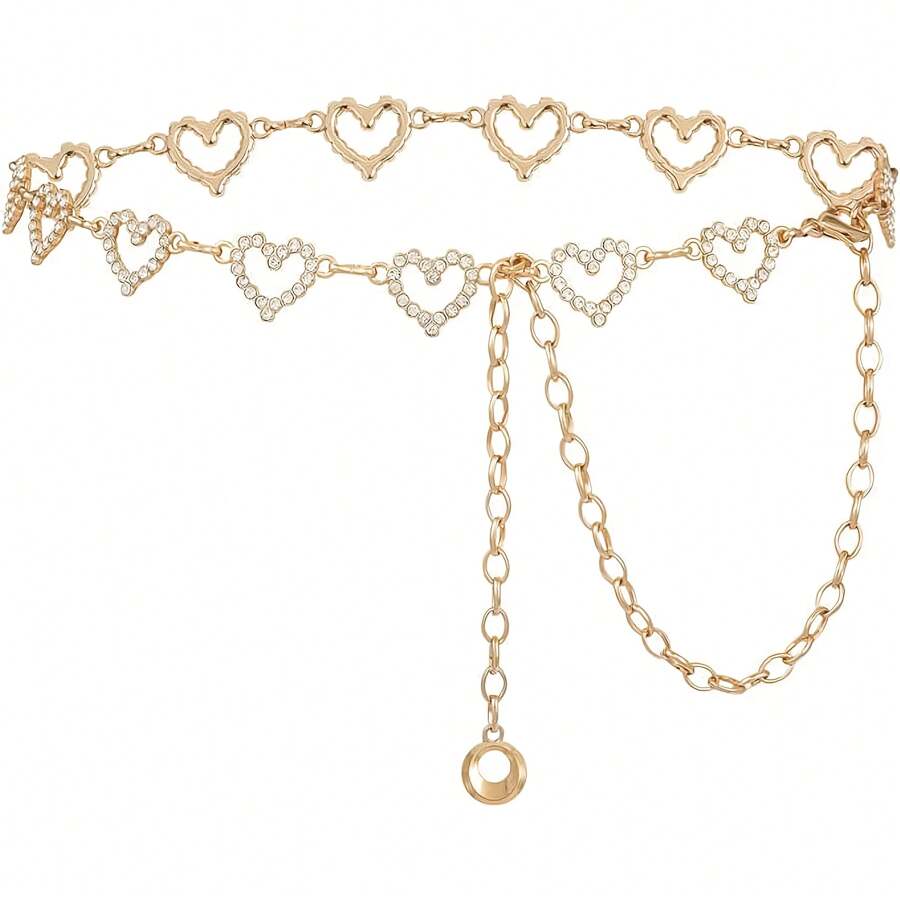 Cinto de Cintura Feminino de Metal com Cristais de Strass em Forma de Coração, Correntes Prateadas e Douradas, Acessório para Vestidos