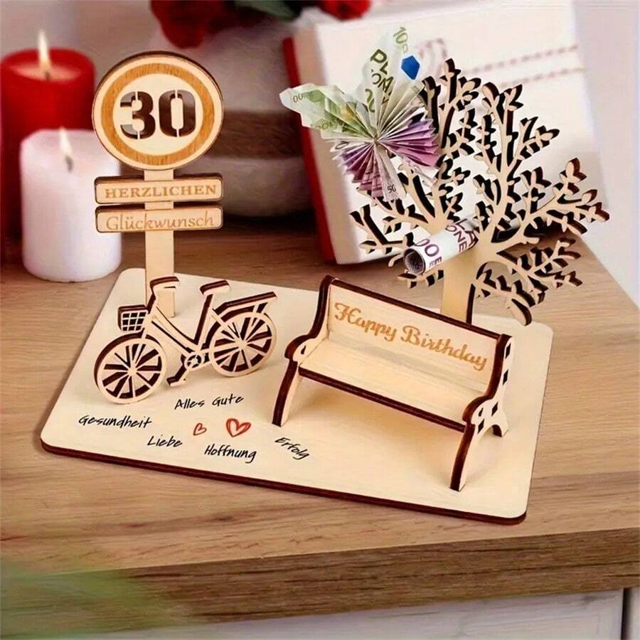 1 set Décoration de table en bois pour anniversaire cadeau d'argent - 19,0 cm * 5,38 cm, Panneau en bois pour anniversaire 30e, 40e, 50e, 60e, 70e, Décoration d'atmosphère pour anniversaire heureux, Panneau décoratif de fête avec vélo, grand arbre, chaise, Décoration de scénario, Parfait, Cadeau d'anniversaire