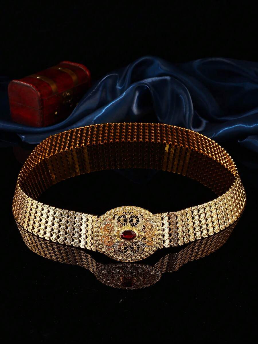 1 pieza Cinturón de bata marroquí chapado en oro metálico, con patrón floral grabado y acentos de rubí sintético, cinturón de joyería para batas de damas árabes, bodas y fiestas