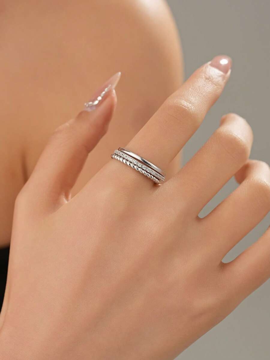3pcs Cubic Zirconia Twisted Rope 925 Sterling Silver Ring Set, Elegant & Versatile Jewelry Gift Box, Suitable For Couples, Holidays, Parties, Festivals, Beach Vacation, Daily Wear
