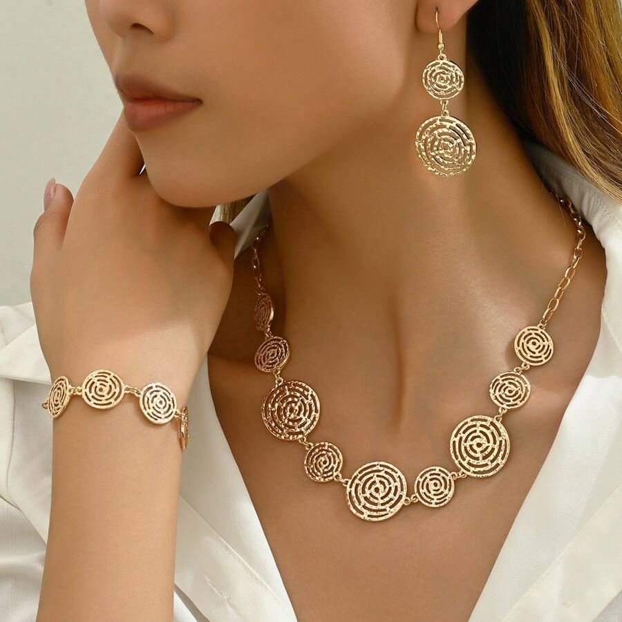 4 peças/Conjunto Conjunto de Joias Pulseira, Colar e Brincos com Elos Circulares Ocos em Estilo de Teia de Aranha Elegante e da Moda, Adequado para Mulheres como Presente, Férias e Uso Diário