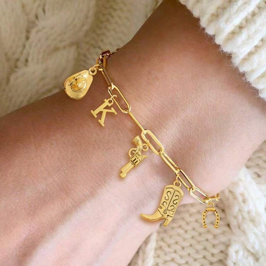 1 peça de pulseiras femininas com corrente de clipe de papel de aço inoxidável dourado com botas de cowboy ocidentais e ferraduras vintage