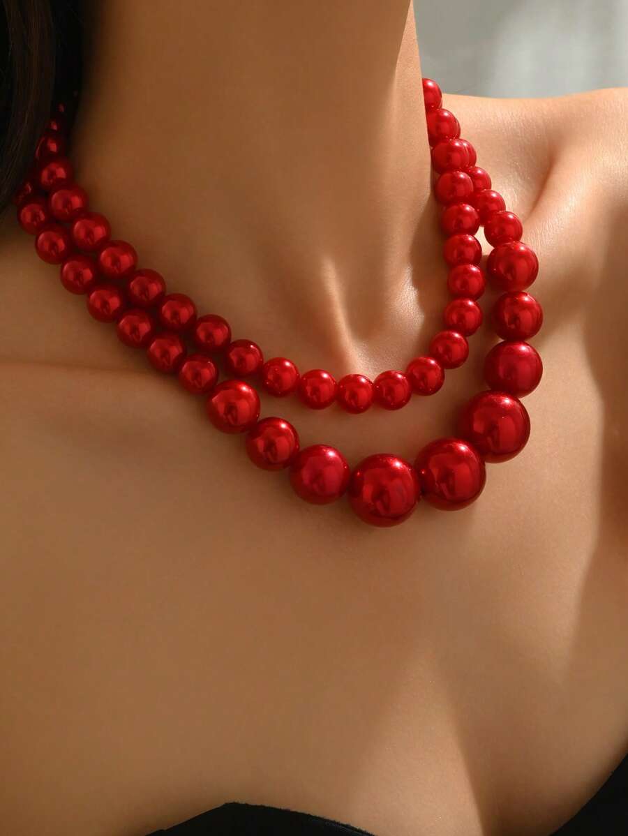 2 pièces Collier de fausses perles, mode personnalisée simple mais exagérée avec un sentiment vintage haut de gamme. Chaîne de cou convenant pour le port quotidien des femmes ou pour des occasions importantes