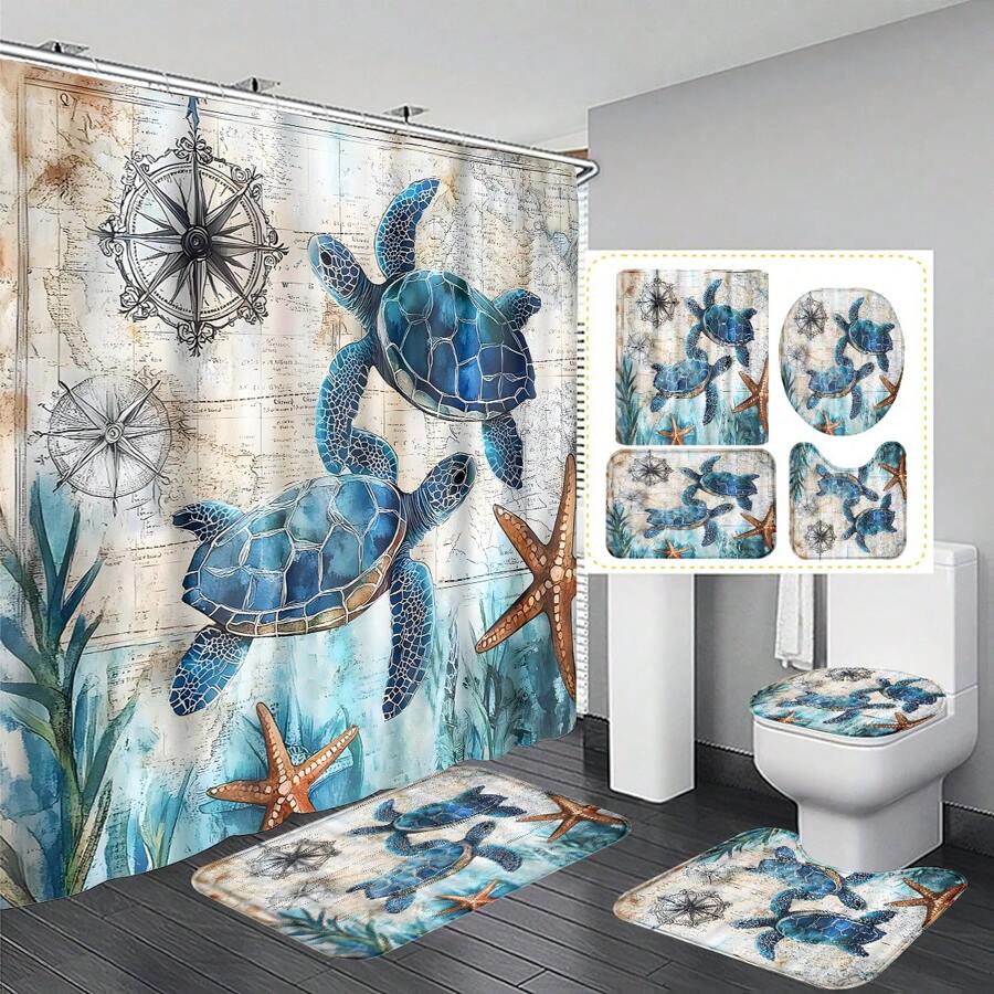 1pc/4pcs Sea Turtle, Sea Star, Seaweed, Coral Pattern Multifunctional Bathroom Waterproof Shower Curtain With 12pcs Hooks, Bathroom Non-Slip Mat, U-Shape Floor Mat And Toilet Lid Cover, Bathroom Set For All Scenarios Bathroom Accessories Back To School