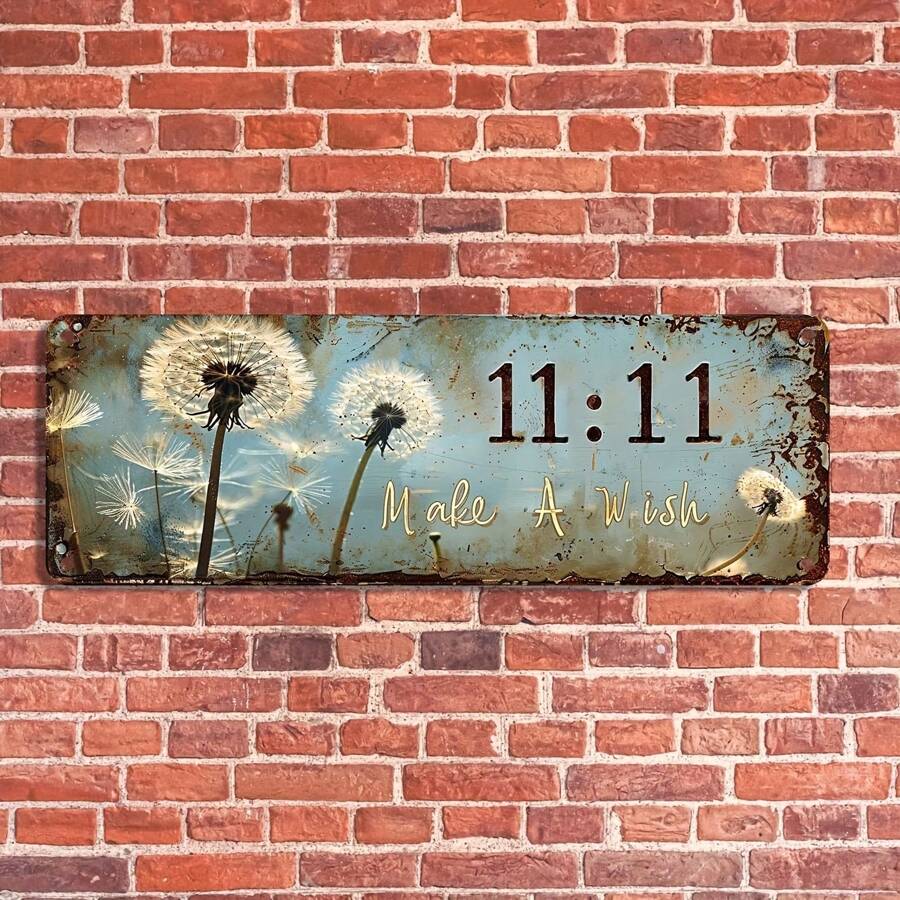 Vintage Edelstahl "11:11 Mach einen Wunsch" dekorative Plakette mit Pusteblumen-Motiv - vielseitig verwendbar für Wand, Veranda, Garage - wetterfest, staubdicht, ideal für Innen- und Außendekoration und Geschenke - englischer Text