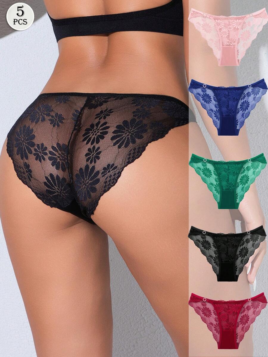 Set de 5 bragas de bikini de mujer con hebilla de strass, encaje floral, suaves y cómodas