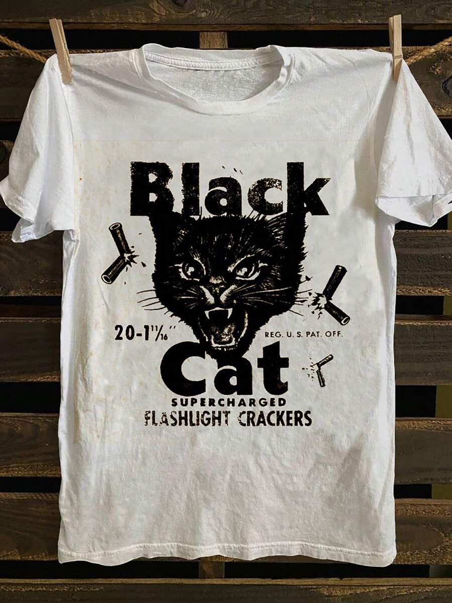 Camiseta de manga corta con cuello redondo y estampado de gato negro retro en la parte delantera. Tejido cómodo y transpirable. Camiseta de estilo deportivo informal para hombre, 100 % algodón, para uso urbano (elija una talla más grande para un efecto holgado).