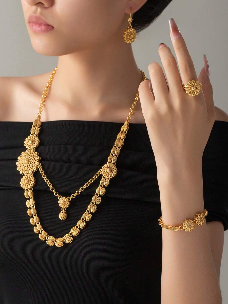 Set de 4 collares de aleación de cobre de 24 quilates con estilo de Dubai para mujer, joyería de Arabia Saudita