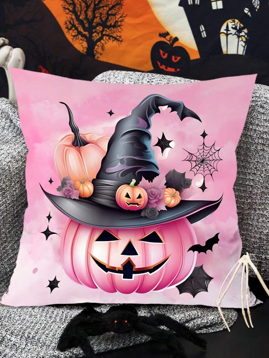 1 Stück rosa Halloween Kissenbezug, Kürbislächeln Geist Hexenhut Muster Kissenbezug, waschbar, Halloween Dekoration, Heimdekoration, Halloween Party Zubehör, Halloween Geschenk, Festliche Atmosphäre Requisiten, Frohe Halloween, Party Favors, Raumdekoration, Feiertagsdekoration, Festliche Dekoration