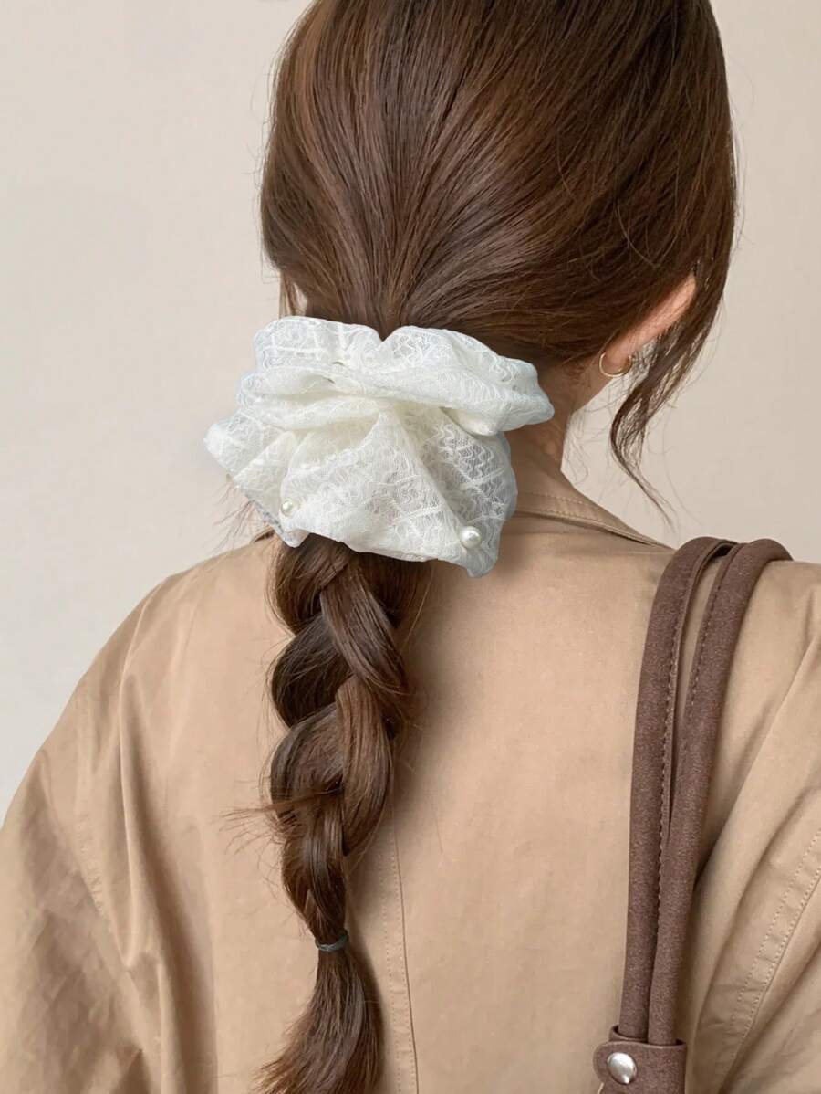 1pc French Faux Pearl Coil Hair Scrunchie, Solid Color High Elasticity Hair Ties, Ponytail Accessories, Lace Hair Bows, Hair Accessory ,Hair Accessories