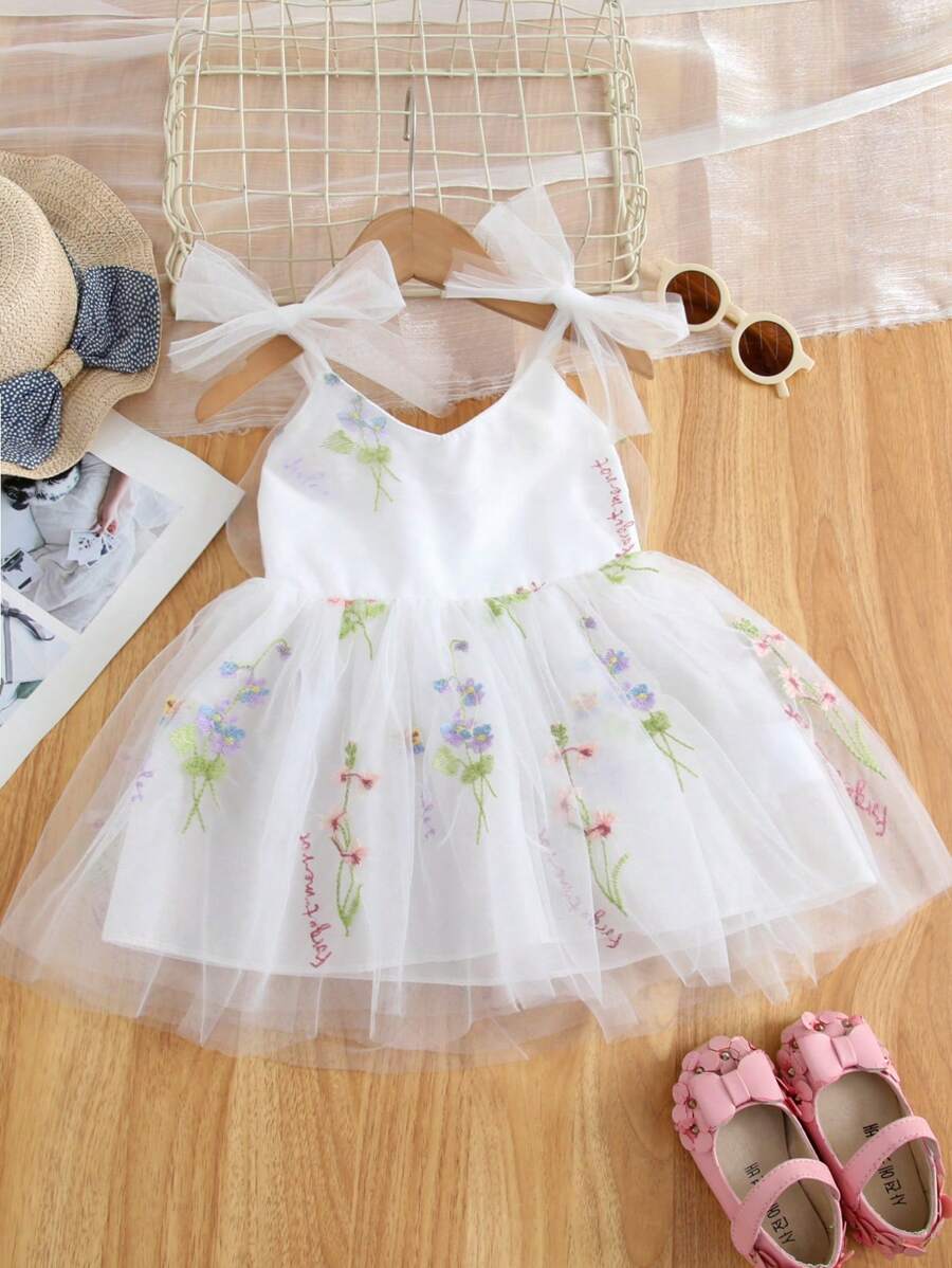 Vestido de princesa elegante e doce para meninas, 1 peça, laço, renda, bordado, flor, tule, babados, decoração, festa, praia, aniversário, primavera/verão