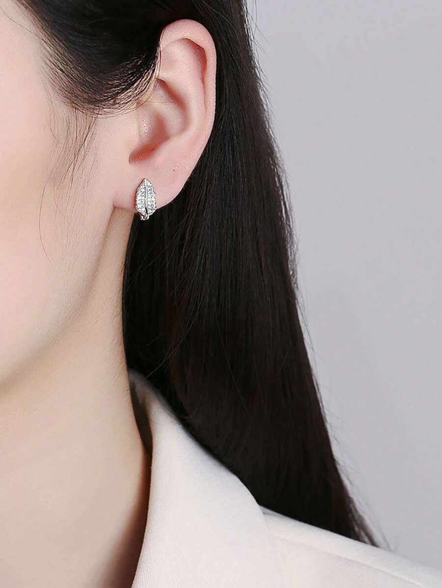 925 Sterling Silver Leaf Double Ring Earrings With Zirconia Setting Design, Synthetic Cubic Zirconium Oxide, Shining Luxurious Women's Sterling Silver Jewelry, Suitable For Women To Wear And Match On Many Occasions, Elegant Jewelry For Giving As Gifts At Festivals And Parties