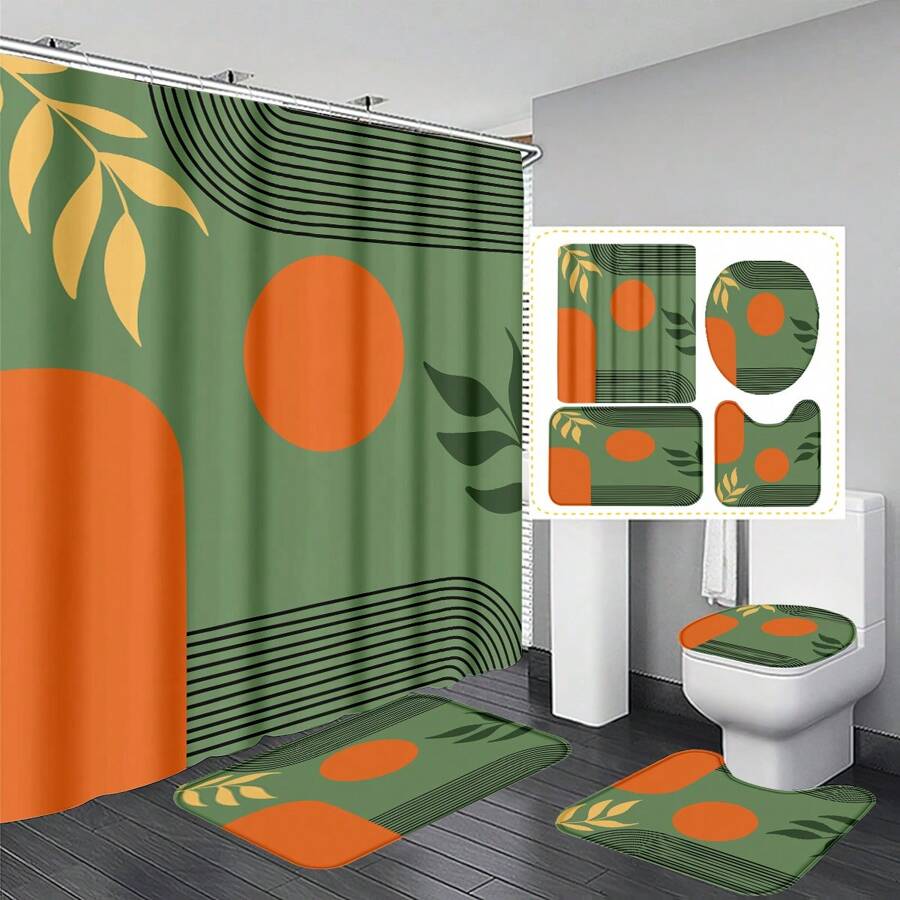 1pc/4pcs Bohemian Medieval Leaf & Sun Design Bathroom Waterproof Shower Curtain Set 12 Hooks, Bathroom Anti-Slip Mat, U-Shape Mat & Round Toilet Seat Cover, Full Bathroom Set For Multi-Scenarios Back To School