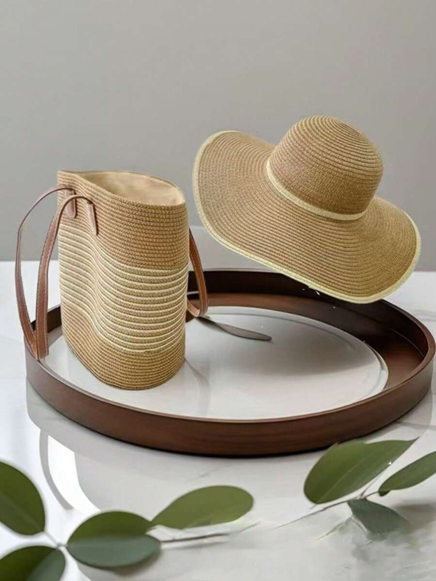 1 Set Straw Hat + Straw Bag, Large Brim Edge Sun Hat, Foldable Korean Style Summer Beach Hat, Sun Protection Face Cover, Straw Tote Bag, Outdoor Travel Accessories