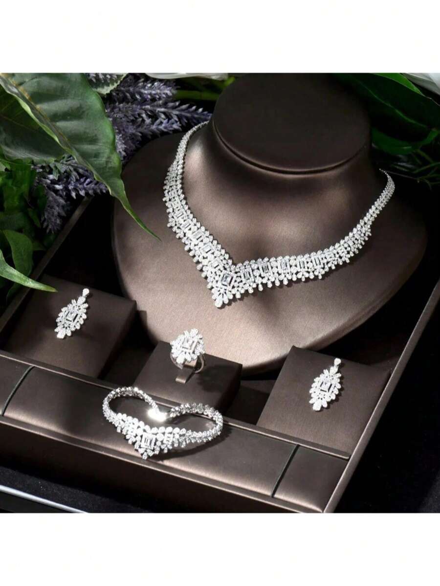 1 conjunto de lindos colares, brincos e pulseiras de zircônia cúbica quadrada, joias para mulheres, acessórios para vestidos de festa de casamento e baile