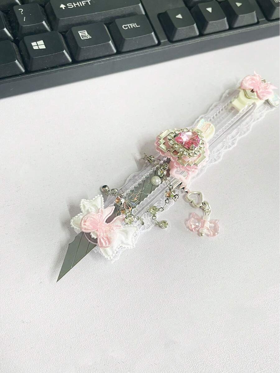 1Pc Starry Sky Sparkling Love Ribbon Long Hand Account Knife Tool Stationery Learning Supplies Disassembly Small Sharp Simple Fresh Creativity,Back To School,School Supplies