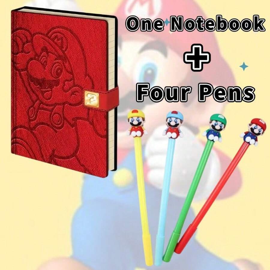 SuperMario 5pcs/Set Learning Notebook, Diary Book With Neutral Pens, Creative Cartoon Character Design, Portable For Daily Office And Study, Suitable For Business, School, Office Writing, Party Gift, Painting Tool, Notebook Pen Set Delicate Gift School Supplies,Back To School