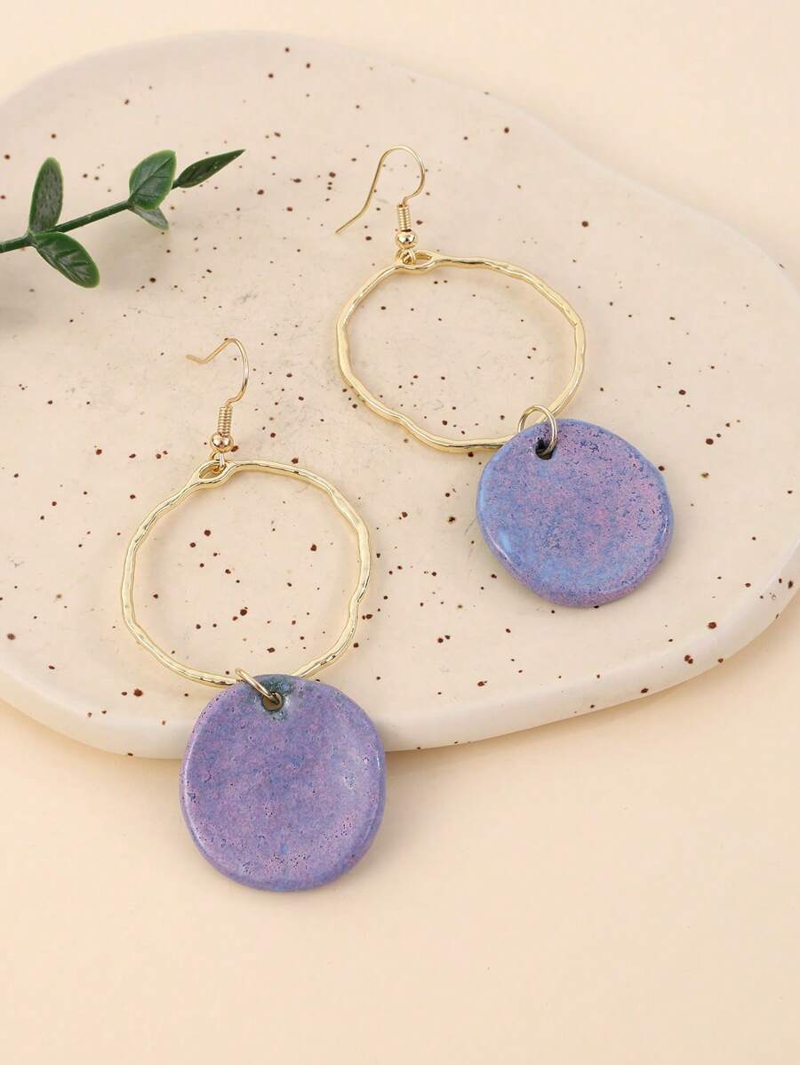 1 Pair Unique Chinese Style Ceramic Round Pendant With Extra Large Metal Circle High-Quality Hoop Earrings, Suitable For Vacation, Party And Daily Wear