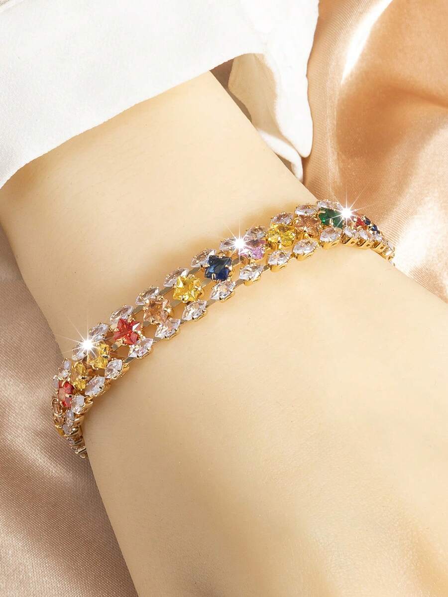 1pc Bohemian Style Multicolor Square Cubic Zirconia, Oval Cubic Zirconia Chain, Geometric Design Bracelet For Women, Suitable For Daily, Resort, Party Wear (Random Mixed Color)