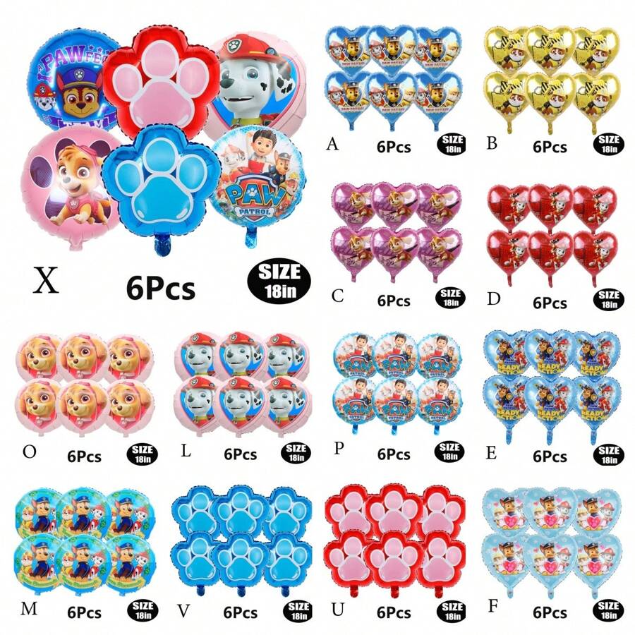 Paw Patrol Offiziell genehmigter 6er-Pack PAW Patrol Brave Adventure Suche und Rettung Hunde Thema Geburtstags Party Deko Ballon Set, 18 Zoll süßer Stadt Rettungshund Muster runder Aluminiumfolie Ballon Set, verschiedene Styles wählbar, Geburtstagsparty Wanddekoration, perfekt für Geburtstag Zeremonien Partywand Deko, Ballon Kombinations Dekorations Zubehör