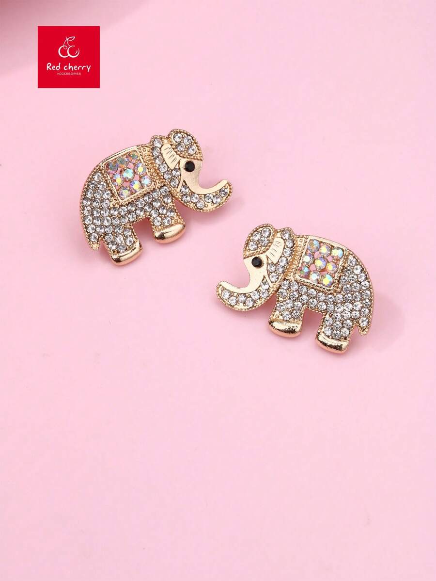 1 Pair Women Zinc Alloy Colorful Crystal Rhinestone Elephant Design Stud Earrings, Suitable For Women's Daily Jewelry Wear