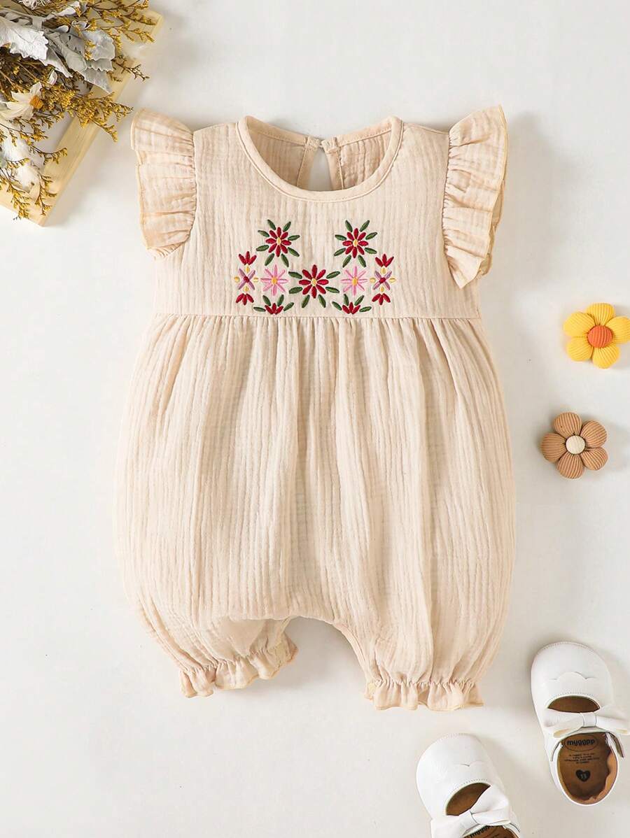 MommBaby Mono de una pieza con manga corta, volantes y bordado floral, lindo y casual para bebés niñas