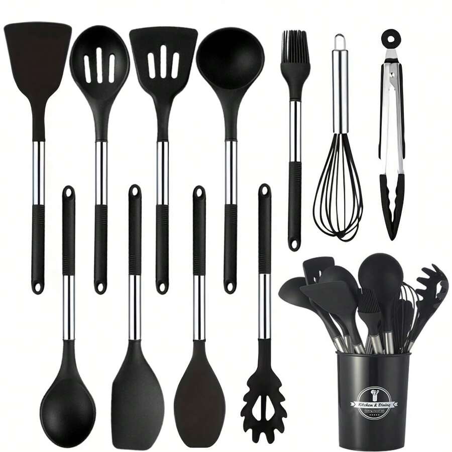 12/14 pièces Set d'ustensiles de cuisine en silicone, Set d'ustensiles de cuisine, Set d'outils de cuisine, Set de fournitures de cuisine, comprend un seau de rangement, une spatule de cuisson anti-adhésive, des pinces, des ustensiles de cuisine lavables modernes, des essentiels de cuisine, cadeau de Noël/Halloween
