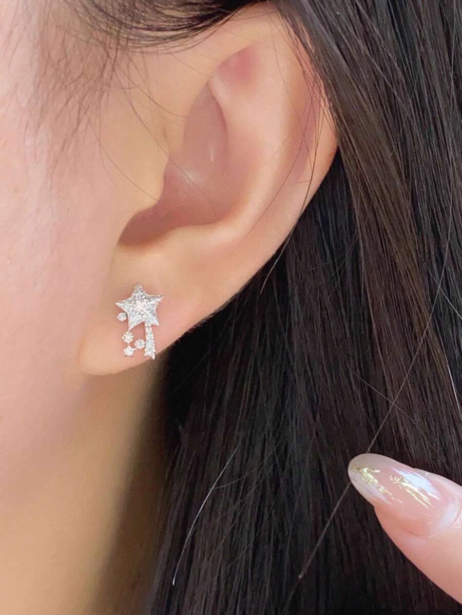 2pcs S925 Sterling Silver Fashionable All-Match Elegant Cubic Zirconia Star-Shaped Earrings, Suitable For Women's Daily Wear, Gifts, Festivals, Parties, Jewelry
