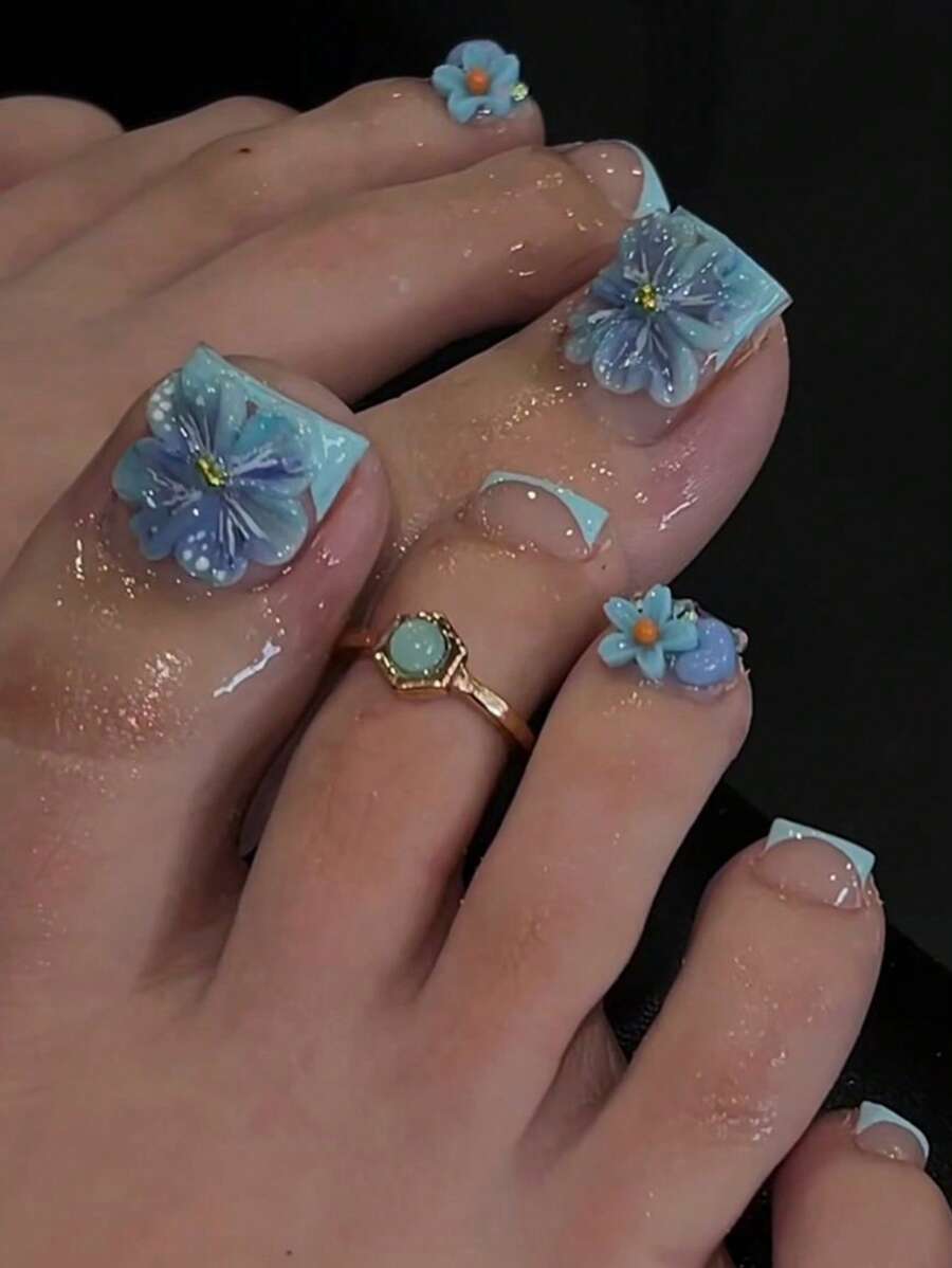 24pcs French Blue Toenails 3d Three-Dimensional Decoration Flowers Press On Toenails Fake Toenails Manicure Set Includes 1sheet Adhesive Tabs & 1pc Mini File Perfect For Everyday Wvear