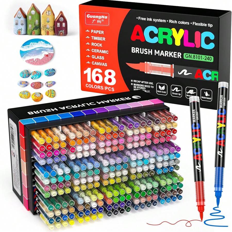 72/120/168 Colors Acrylic Paint Pens, Soft Brush Tip Acrylic Paint Markers,Quick-Drying Waterproof Acrylic Markers For Canvas, Rock Painting, Wood, Stone, Glass, Ceramic, Fabric Painting, DIY Crafts, School Supplies,Back To School