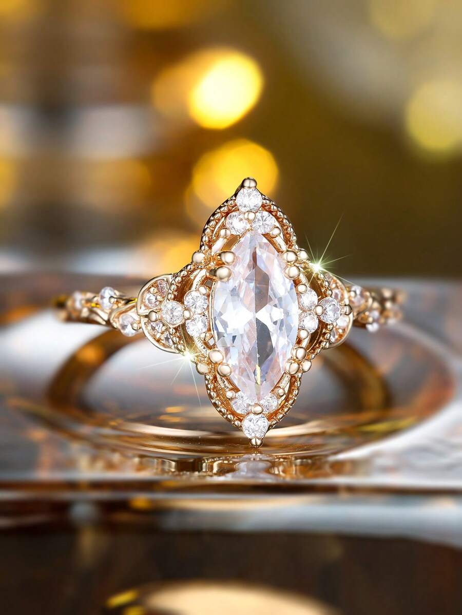 1 pieza Anillo ovalado con flor incrustada de circonita cúbica en estilo de Palacio francés elegante, adecuado para fiestas, ceremonias, vacaciones, aniversarios y cumpleaños