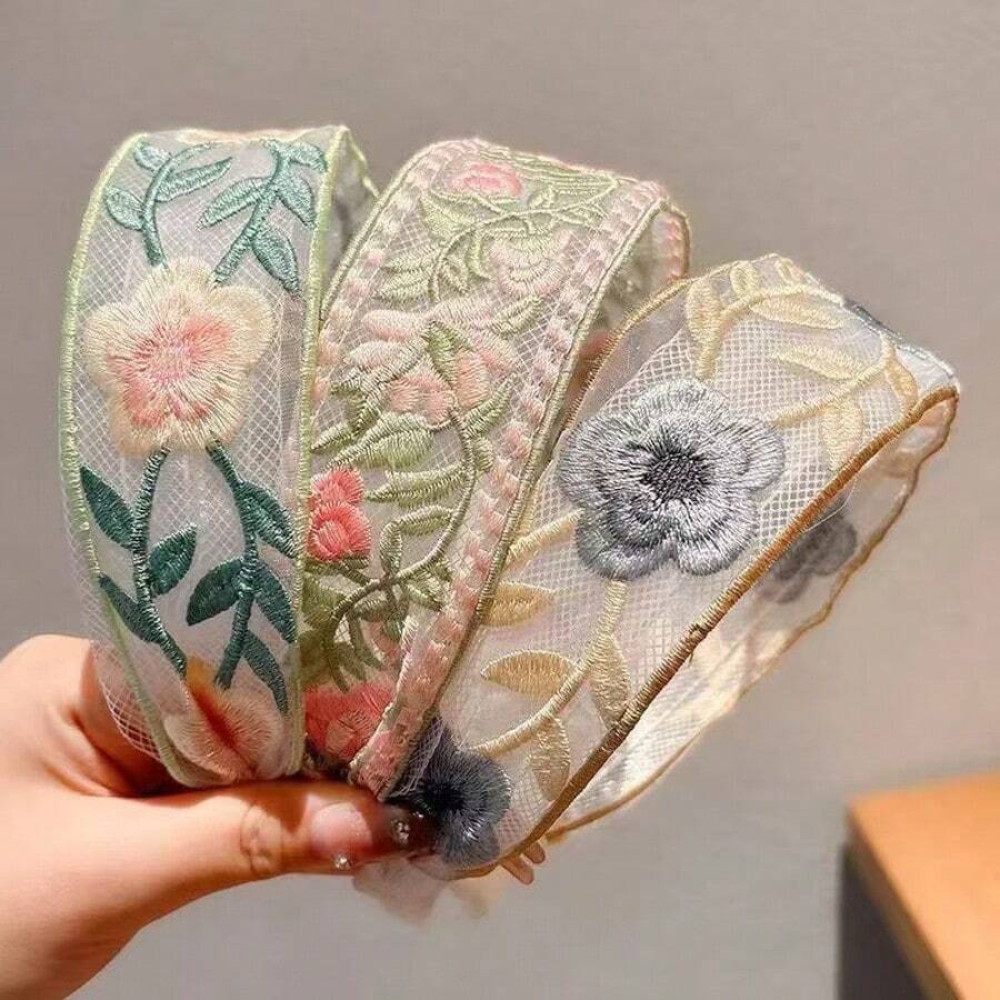 3pcs Embroidered Elegant Versatile Floral Headbands, Exquisite Folk Chic Lace Fabric Wide Headwraps Hairband Diadema Hair Hoop